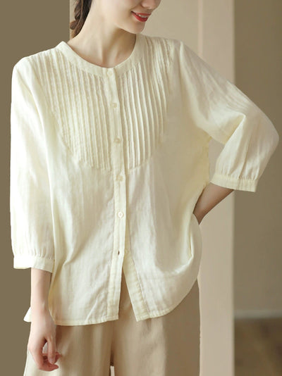 Women Autumn Artsy Shirred O-Neck 100%Cotton Shirt