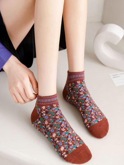 5 Pairs Women Artsy Floral Short Socks