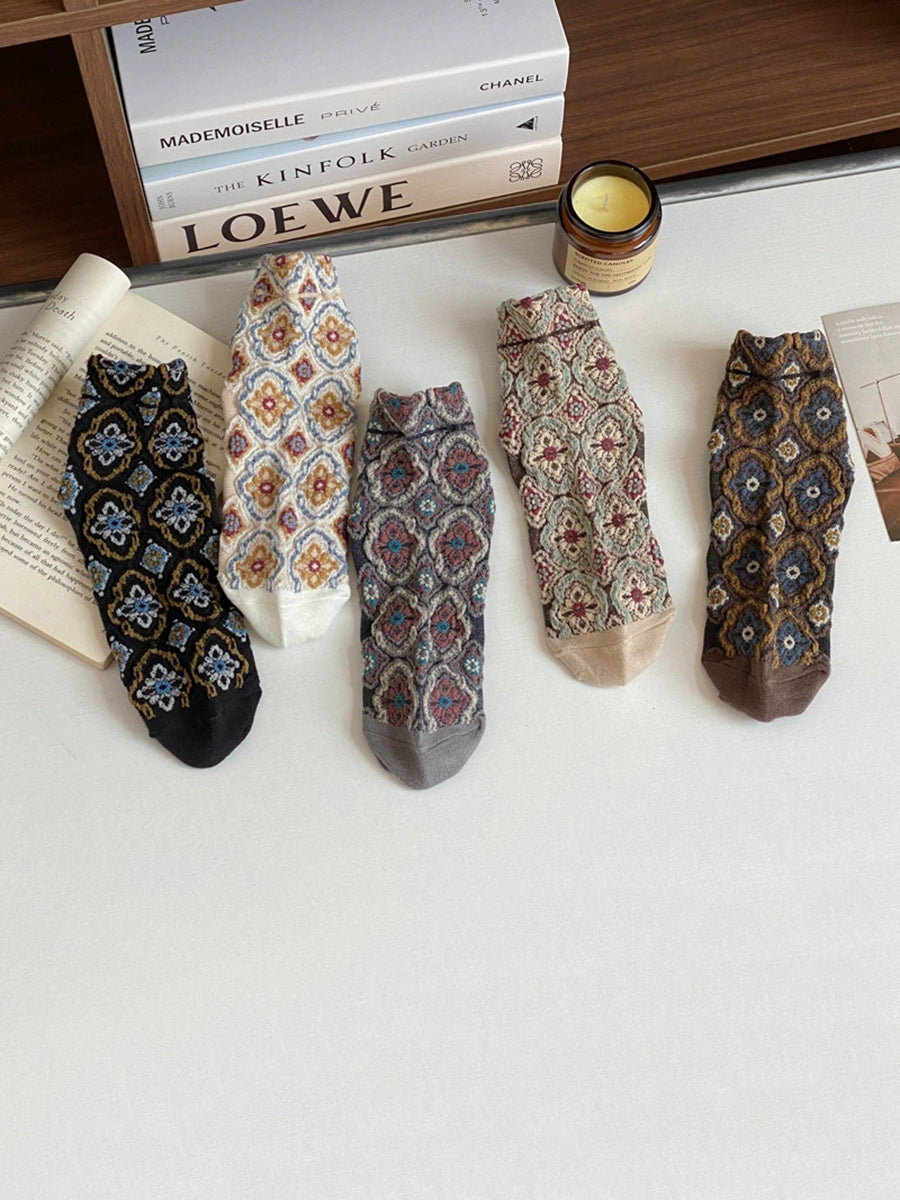 5 Pairs Women Summer Vintage Flower Jacquard Socks