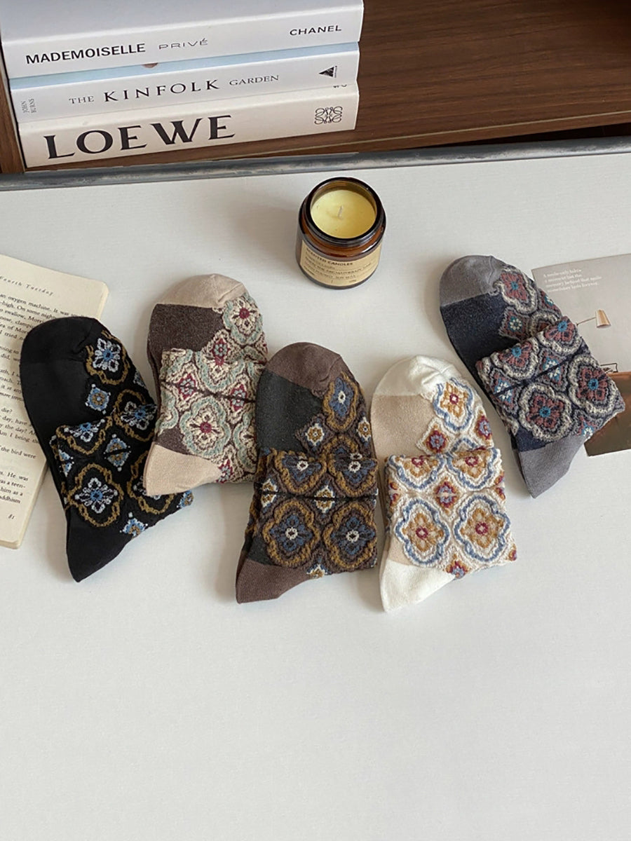5 Pairs Women Summer Vintage Flower Jacquard Socks