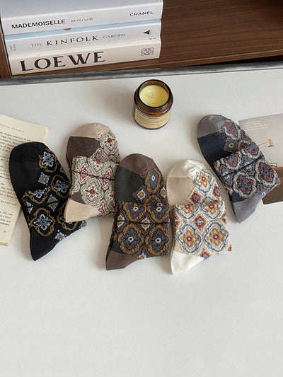5 Pairs Women Summer Vintage Flower Jacquard Socks