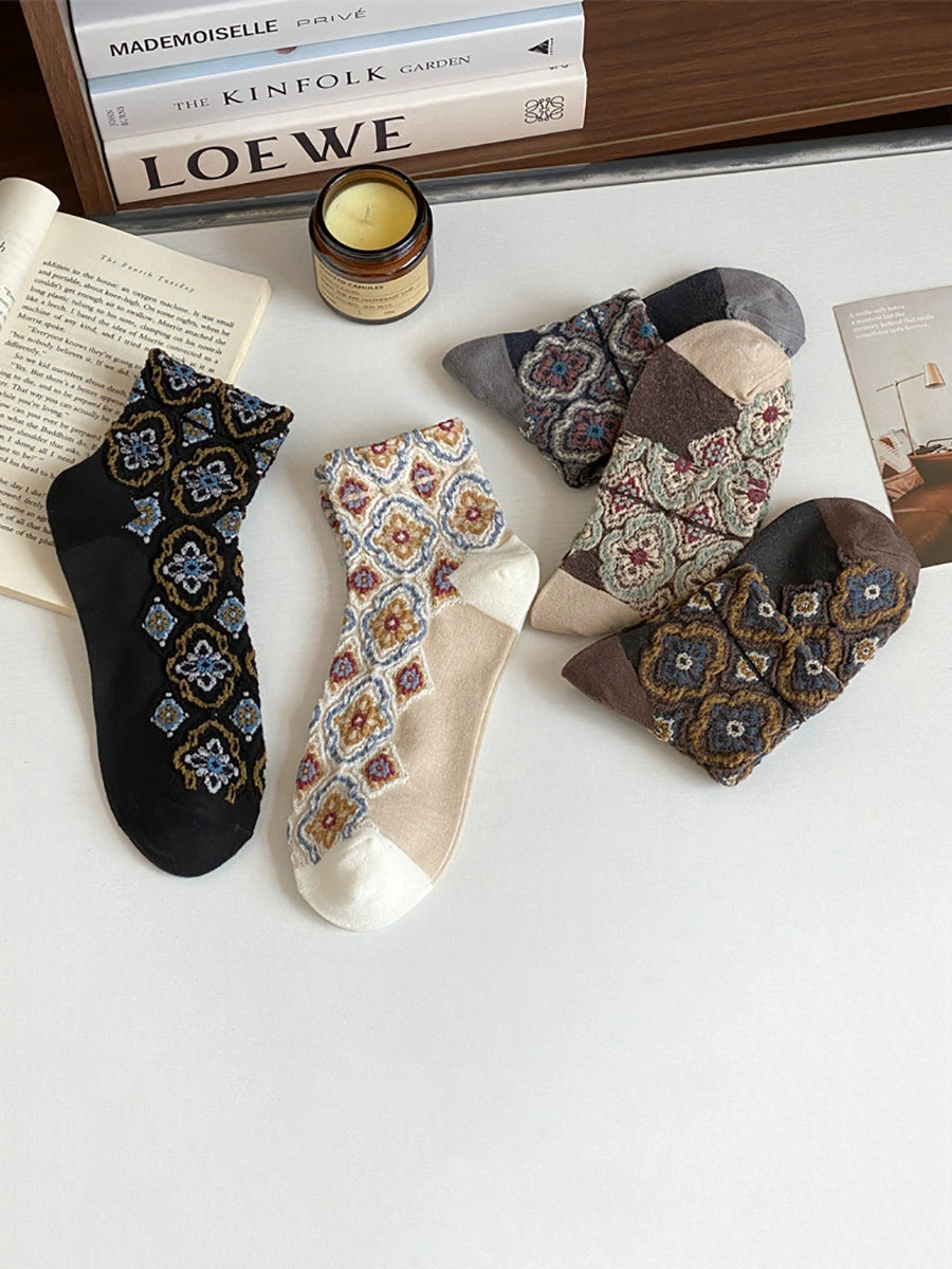 5 Pairs Women Summer Vintage Flower Jacquard Socks