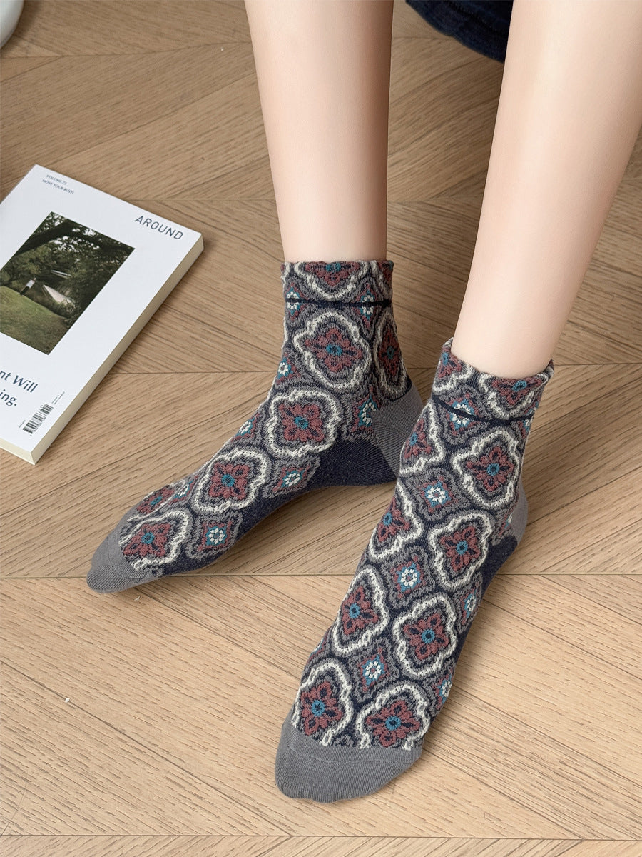 5 Pairs Women Summer Vintage Flower Jacquard Socks