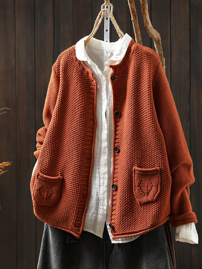 Women Autumn Artsy Pure Color Knitted O-Neck Sweater