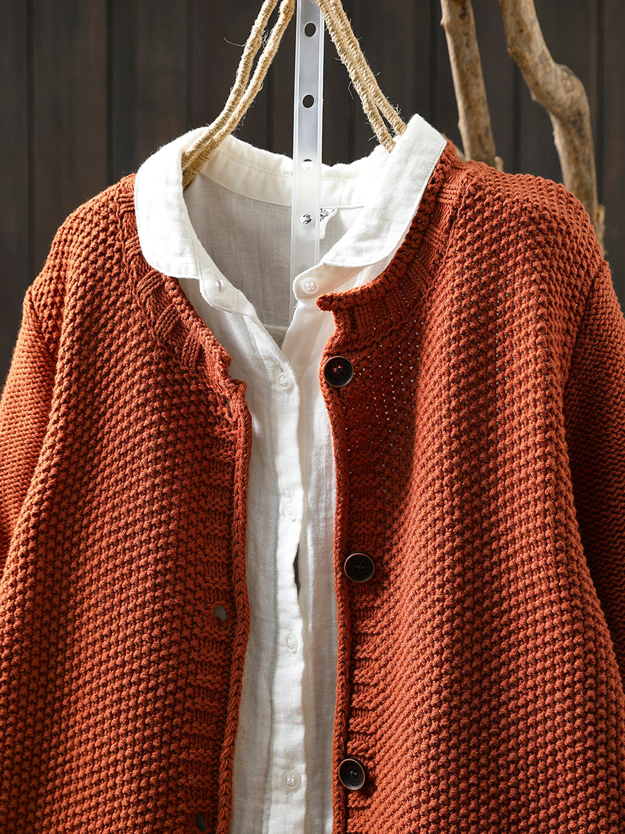 Women Autumn Artsy Pure Color Knitted O-Neck Sweater