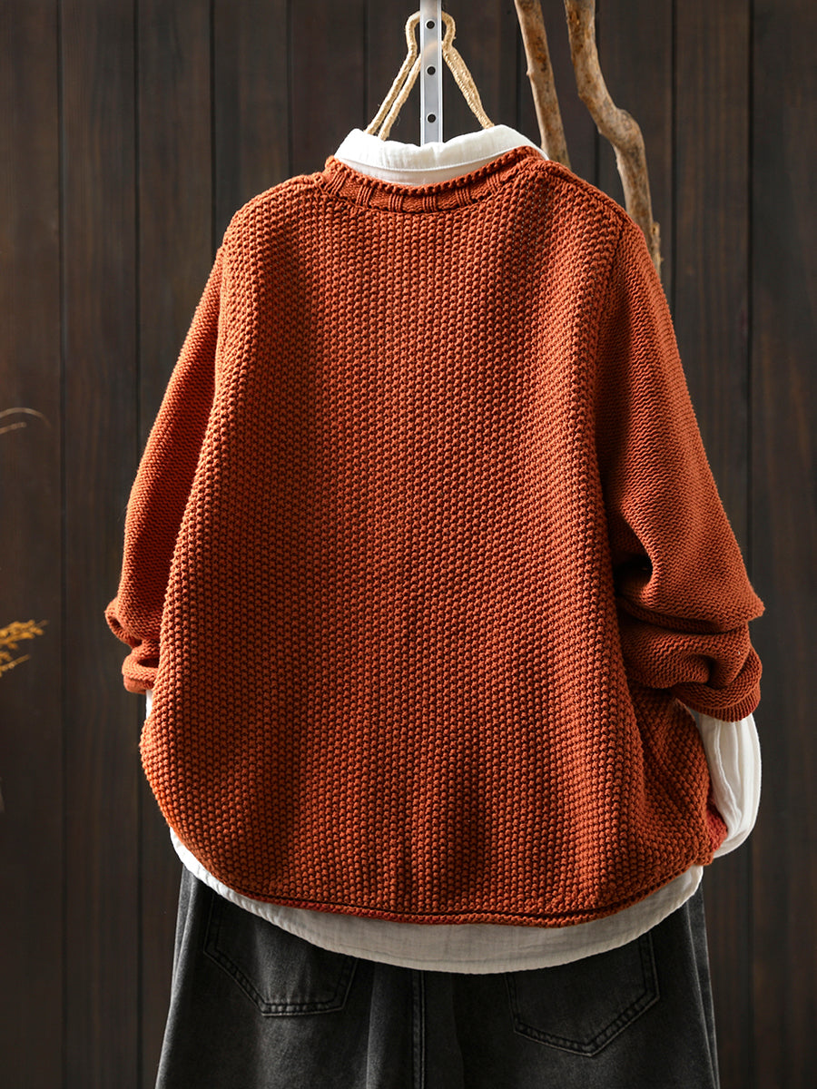 Women Autumn Artsy Pure Color Knitted O-Neck Sweater