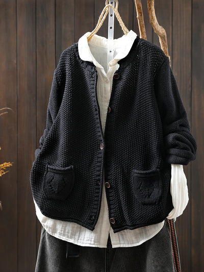 Women Autumn Artsy Pure Color Knitted O-Neck Sweater