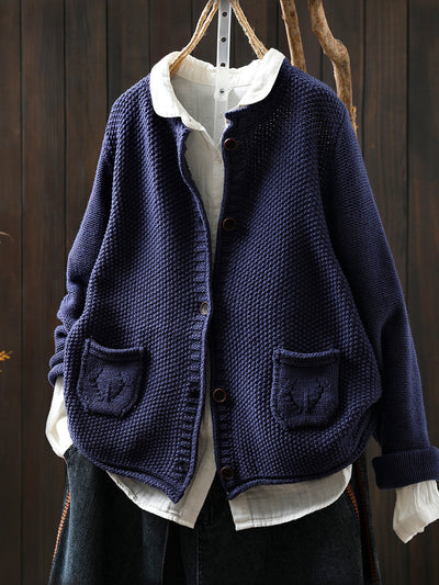 Women Autumn Artsy Pure Color Knitted O-Neck Sweater