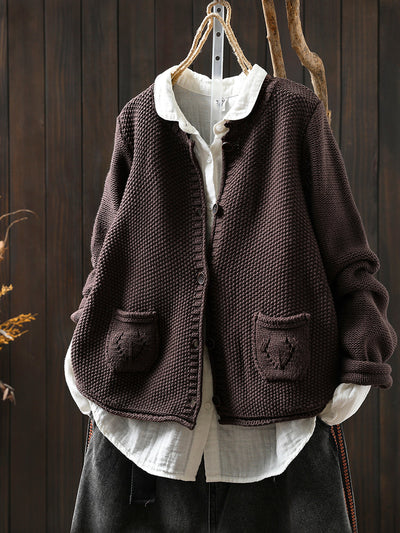 Women Autumn Artsy Pure Color Knitted O-Neck Sweater