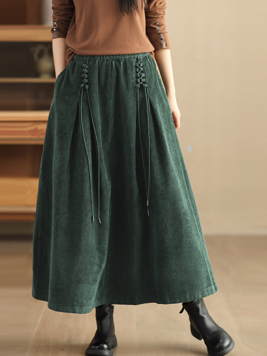 Plus Size Women Autumn Retro Strap Corduroy A-Shape Skirt