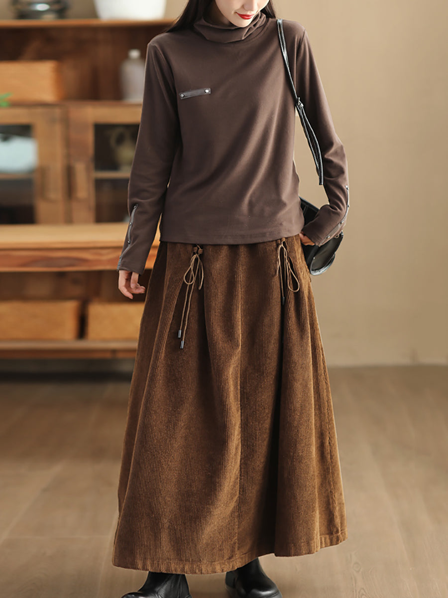 Plus Size Women Autumn Retro Strap Corduroy A-Shape Skirt