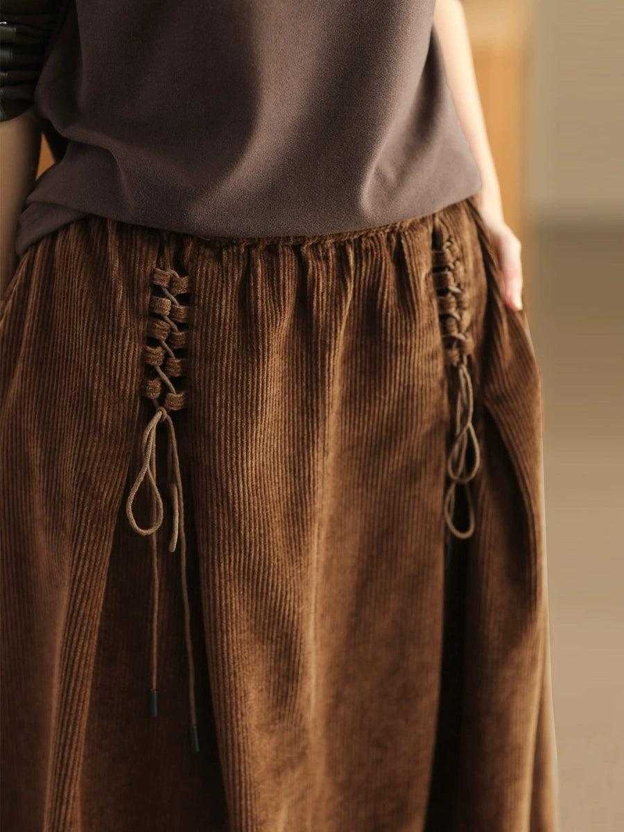 Plus Size Women Autumn Retro Strap Corduroy A-Shape Skirt