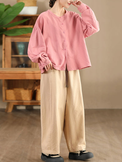 Women Casual Pure Color 100%Cotton Straight Pants