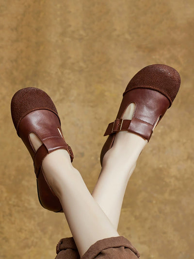 Women Summer Vintage Leather Spliced Low Heel Shoes