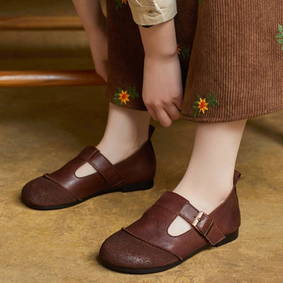 Women Summer Vintage Leather Spliced Low Heel Shoes