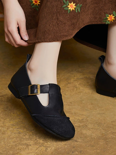 Women Summer Vintage Leather Spliced Low Heel Shoes