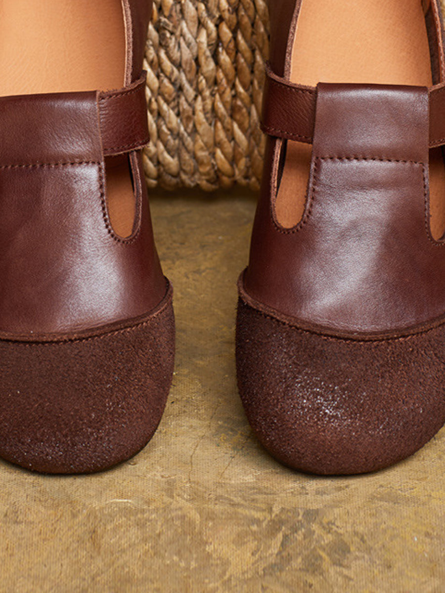 Women Summer Vintage Leather Spliced Low Heel Shoes