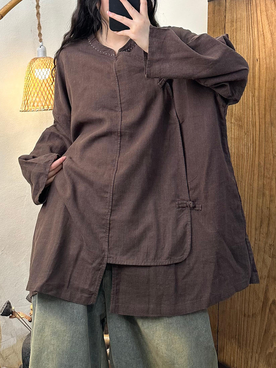 Women Autumn Casual Pure Color Stand Collar Shirt