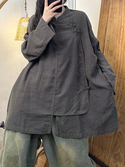 Women Autumn Casual Pure Color Stand Collar Shirt