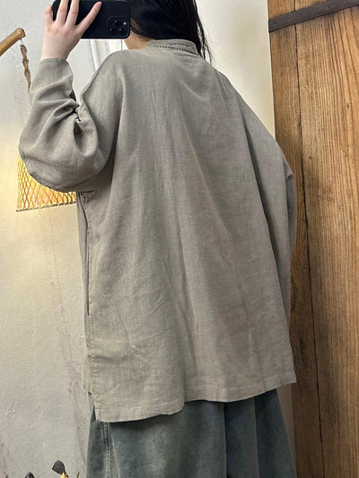 Women Autumn Casual Pure Color Stand Collar Shirt