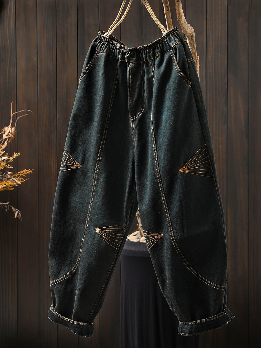 Women Autumn Retro Emrboidery Denim Harem Pants