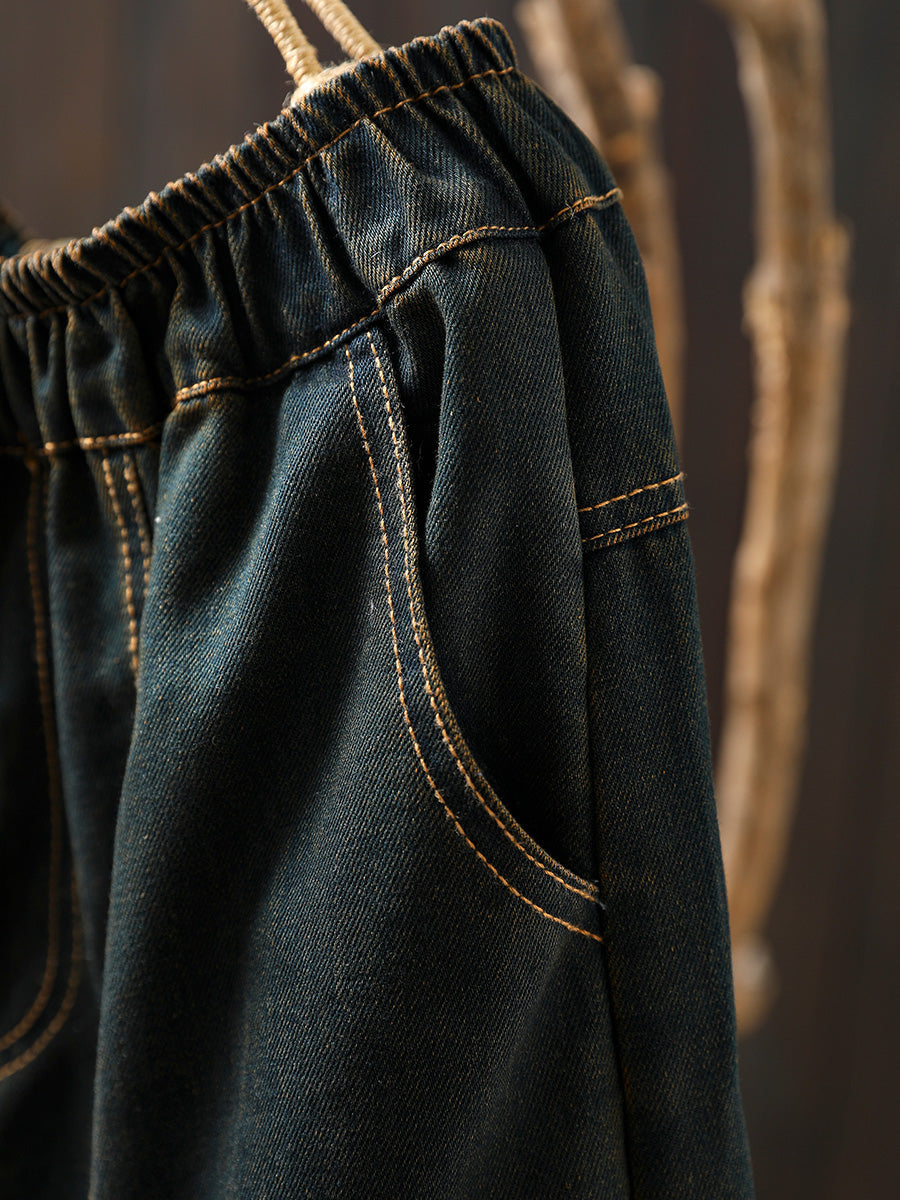 Women Autumn Retro Emrboidery Denim Harem Pants