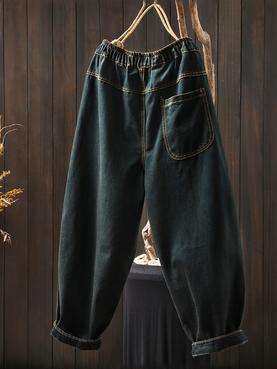 Women Autumn Retro Emrboidery Denim Harem Pants