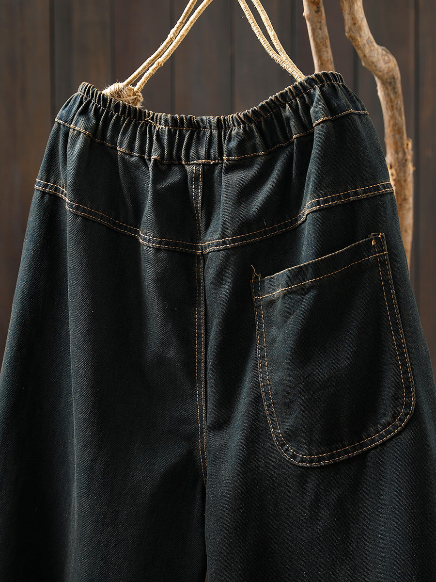 Women Autumn Retro Emrboidery Denim Harem Pants