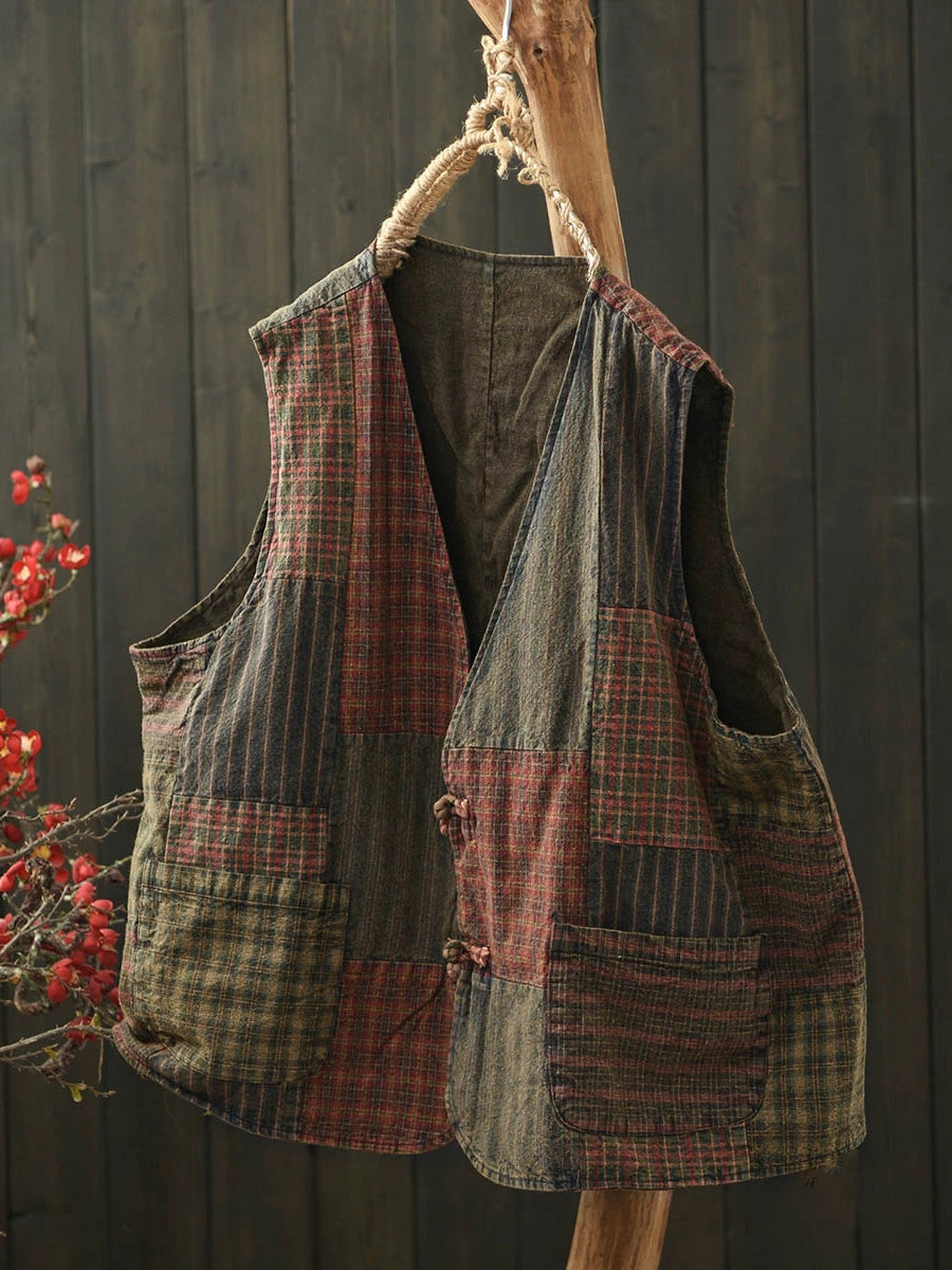 Women Autumn Retro Patchwork V-Neck Cotton Vest