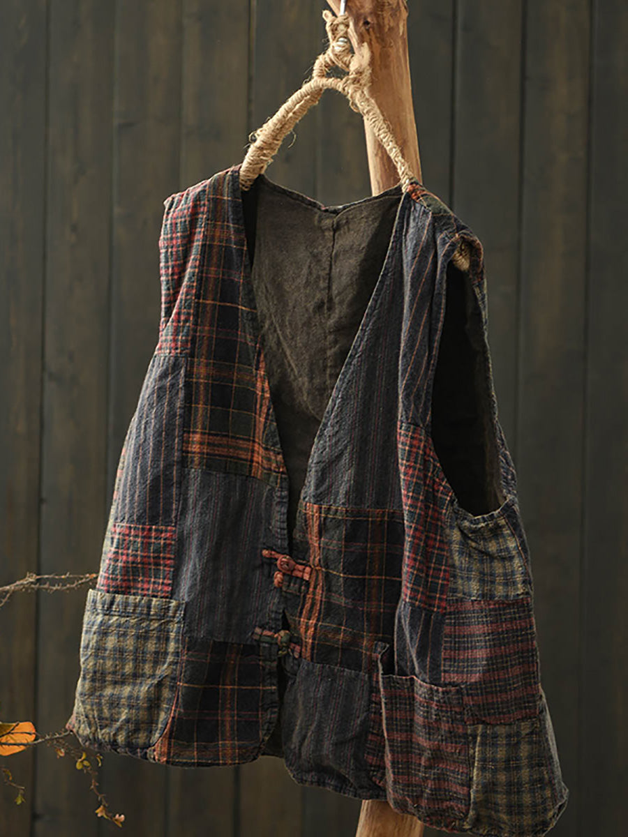 Women Autumn Retro Patchwork V-Neck Cotton Vest