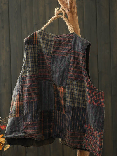 Women Autumn Retro Patchwork V-Neck Cotton Vest