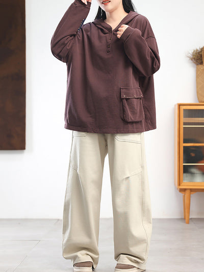 Women Autumn Casual Pure Color 100%Cotton Hoodie