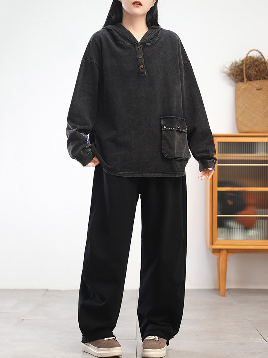 Women Autumn Casual Pure Color 100%Cotton Hoodie