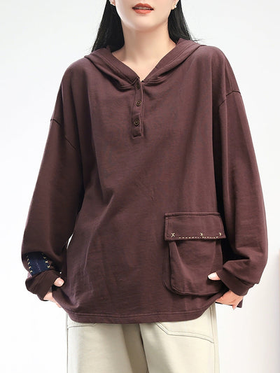 Women Autumn Casual Pure Color 100%Cotton Hoodie