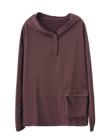 Women Autumn Casual Pure Color 100%Cotton Hoodie