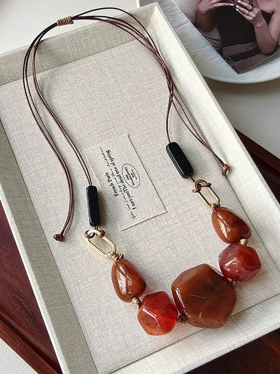 Women Ethnic Resin Stone Weave Necklace