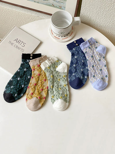 5 Pairs Women Summer Floral Embossment Ankle Socks