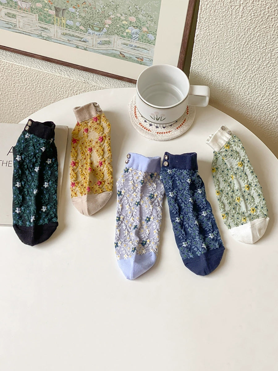 5 Pairs Women Summer Floral Embossment Ankle Socks