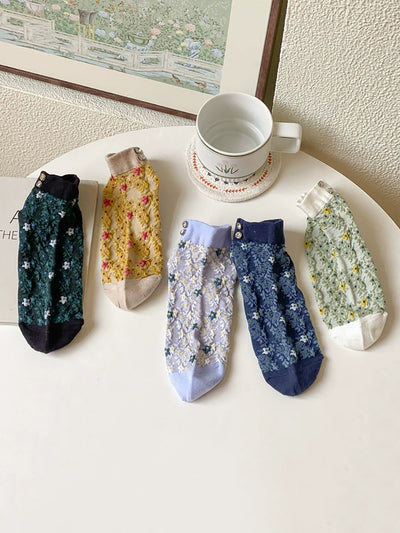 5 Pairs Women Summer Floral Embossment Ankle Socks
