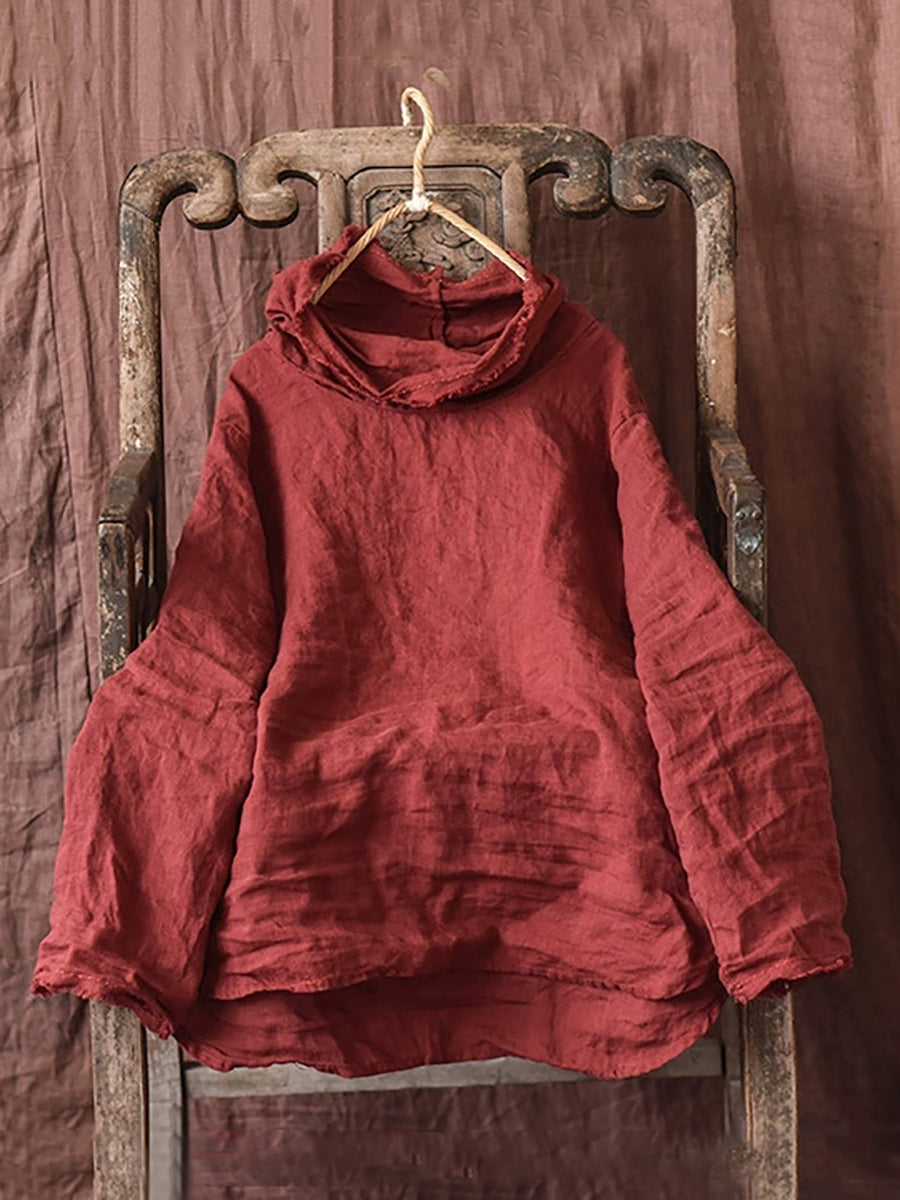 Women Autumn Vintage Pure Color Hooded Linen Shirt