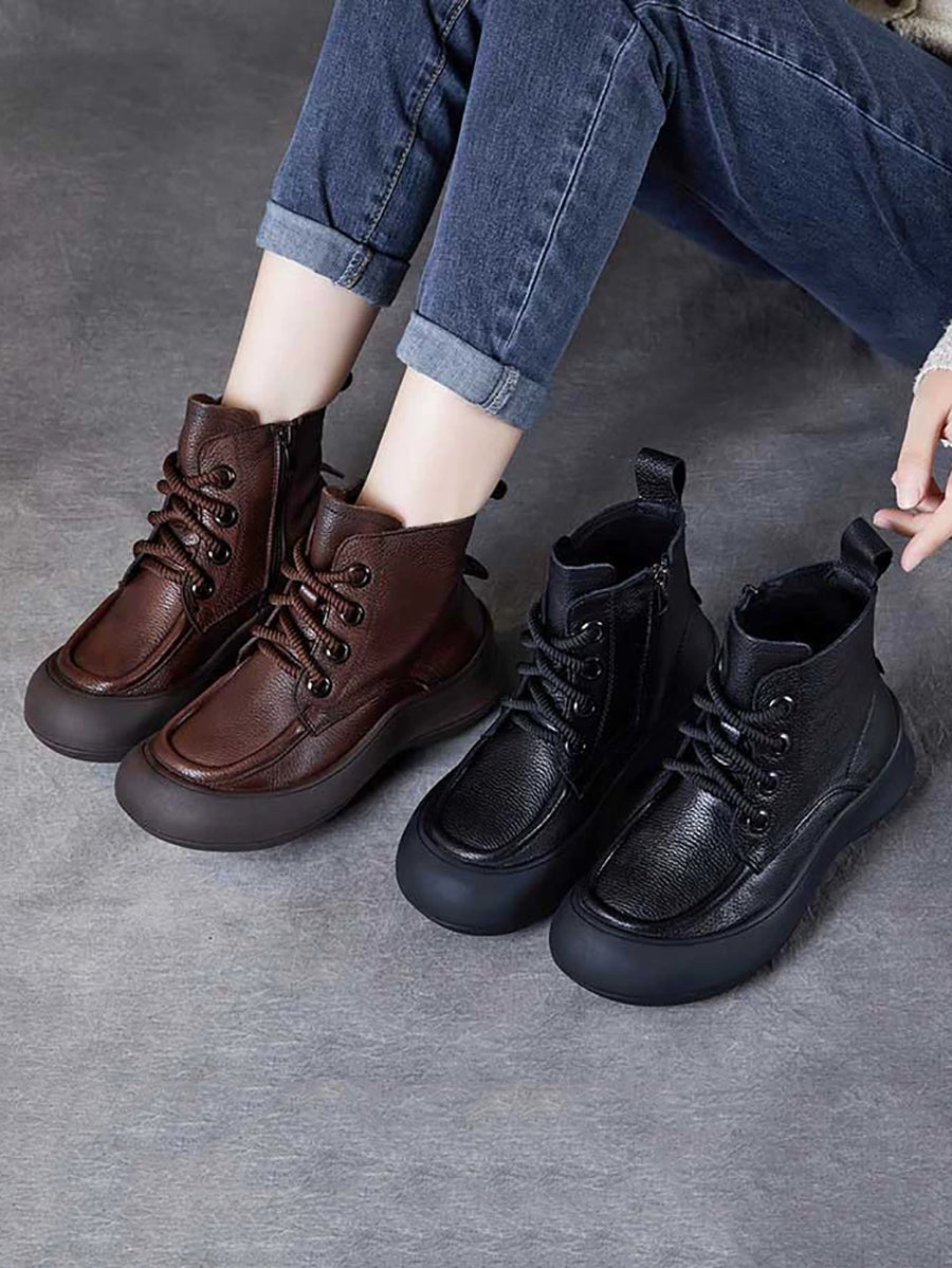 Women Vintage Genuine Leather Spliced Platform Boots