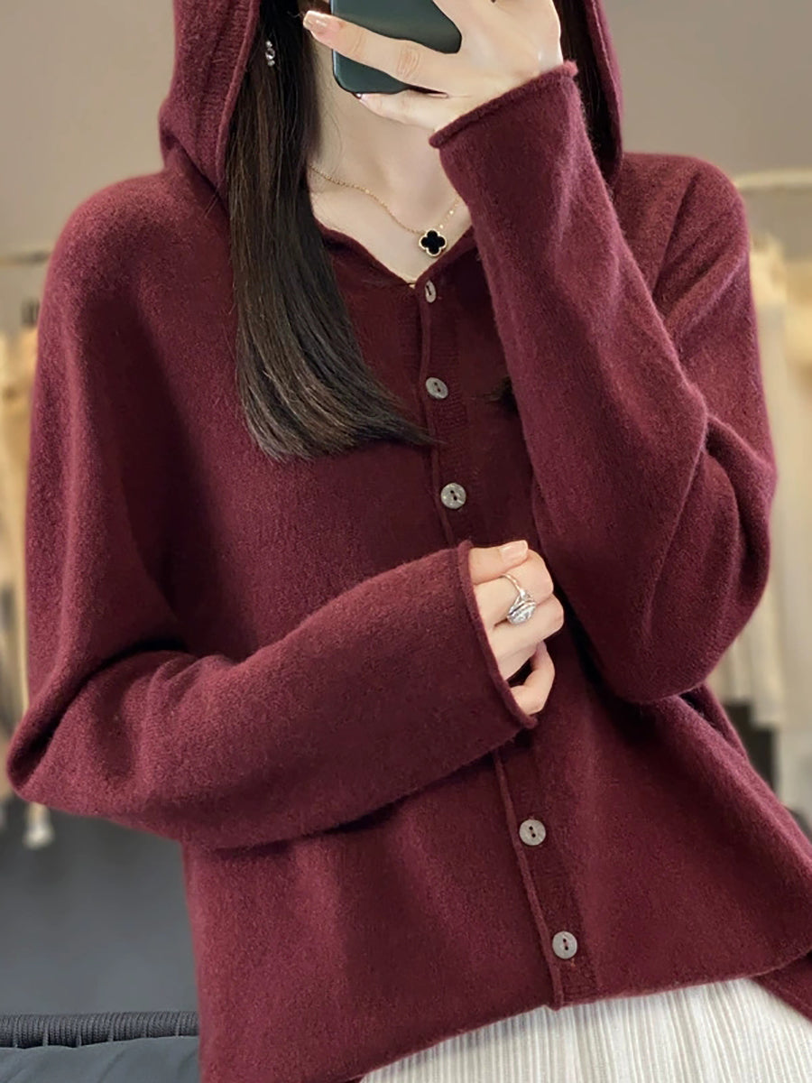 Women Autumn Casual Knitted Wool Hooded Sweater Coat