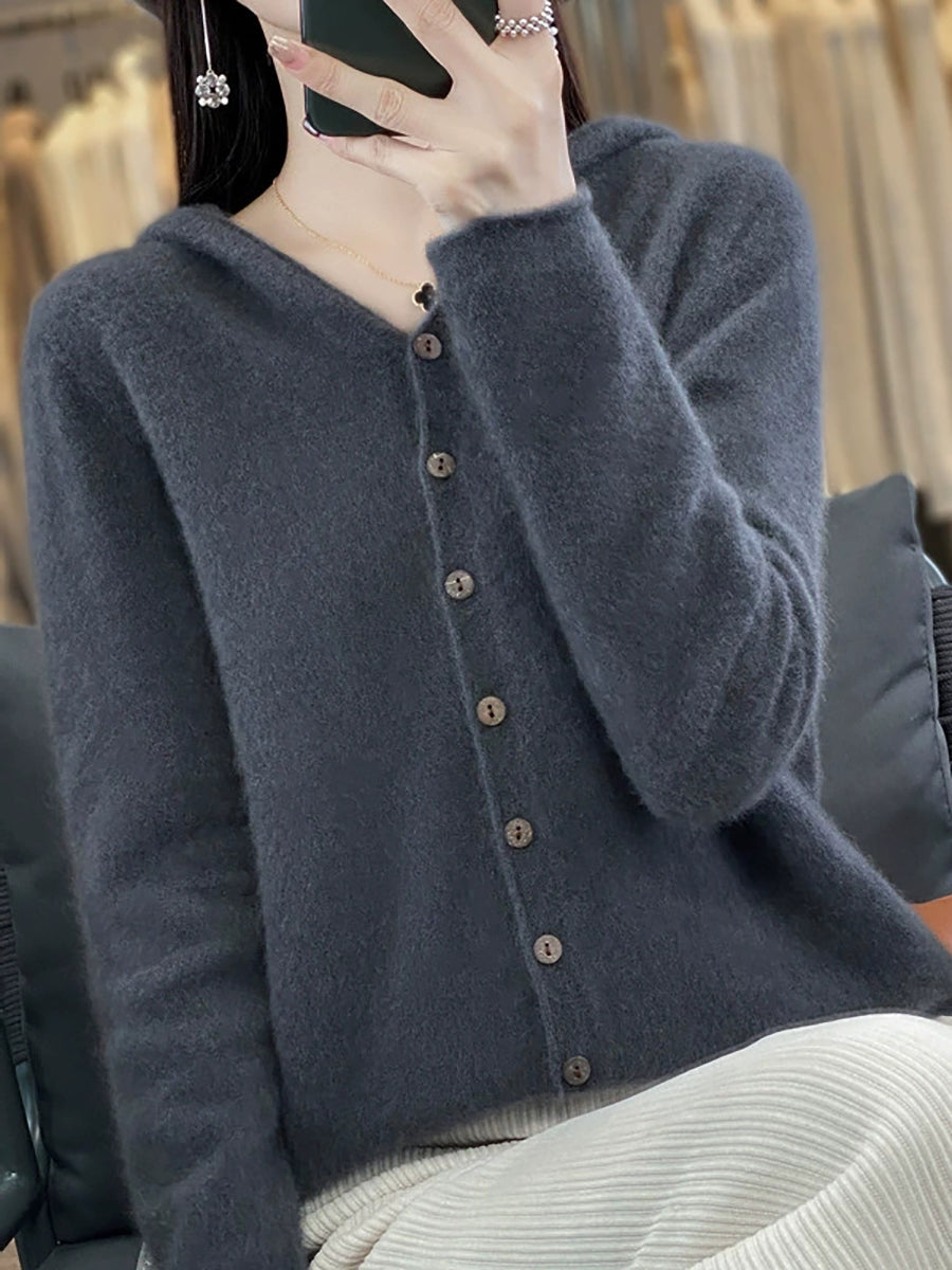 Women Autumn Casual Knitted Wool Hooded Sweater Coat