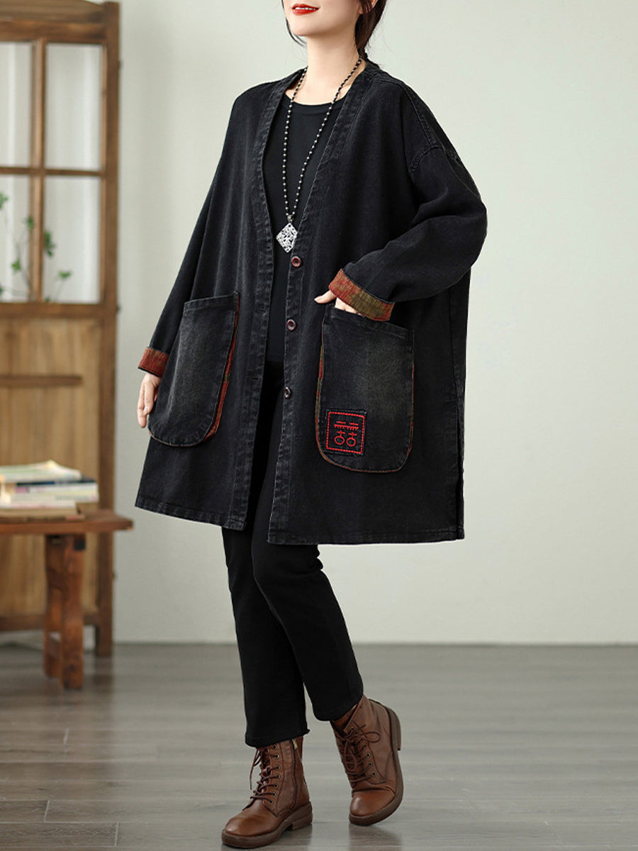 Women Vintage Autumn Denim Embroidery Loose V-Neck Coat