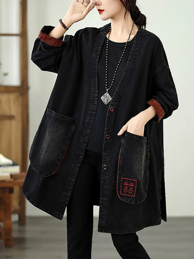 Women Vintage Autumn Denim Embroidery Loose V-Neck Coat