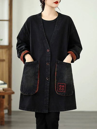 Women Vintage Autumn Denim Embroidery Loose V-Neck Coat