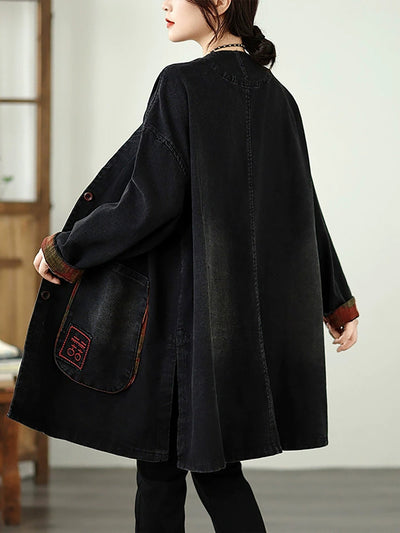 Women Vintage Autumn Denim Embroidery Loose V-Neck Coat