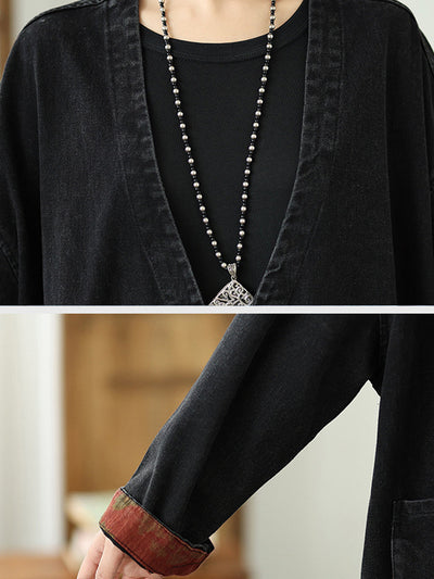 Women Vintage Autumn Denim Embroidery Loose V-Neck Coat