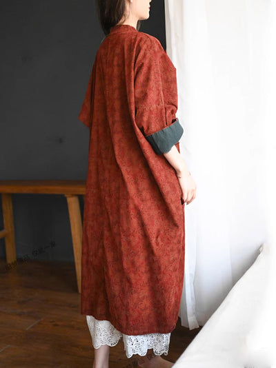 Women Autumn Ethnic Flower Stand Collar 100%Cotton Robe Dress