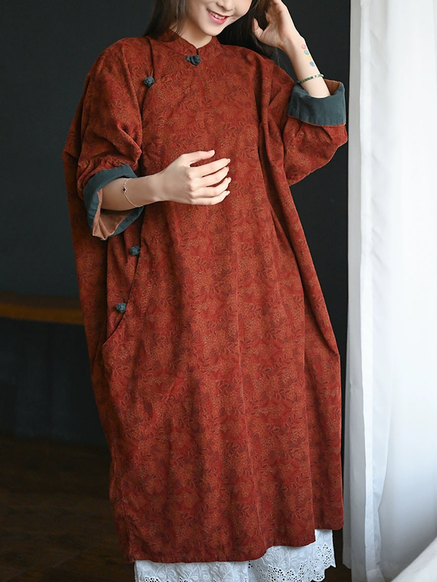 Women Autumn Ethnic Flower Stand Collar 100%Cotton Robe Dress